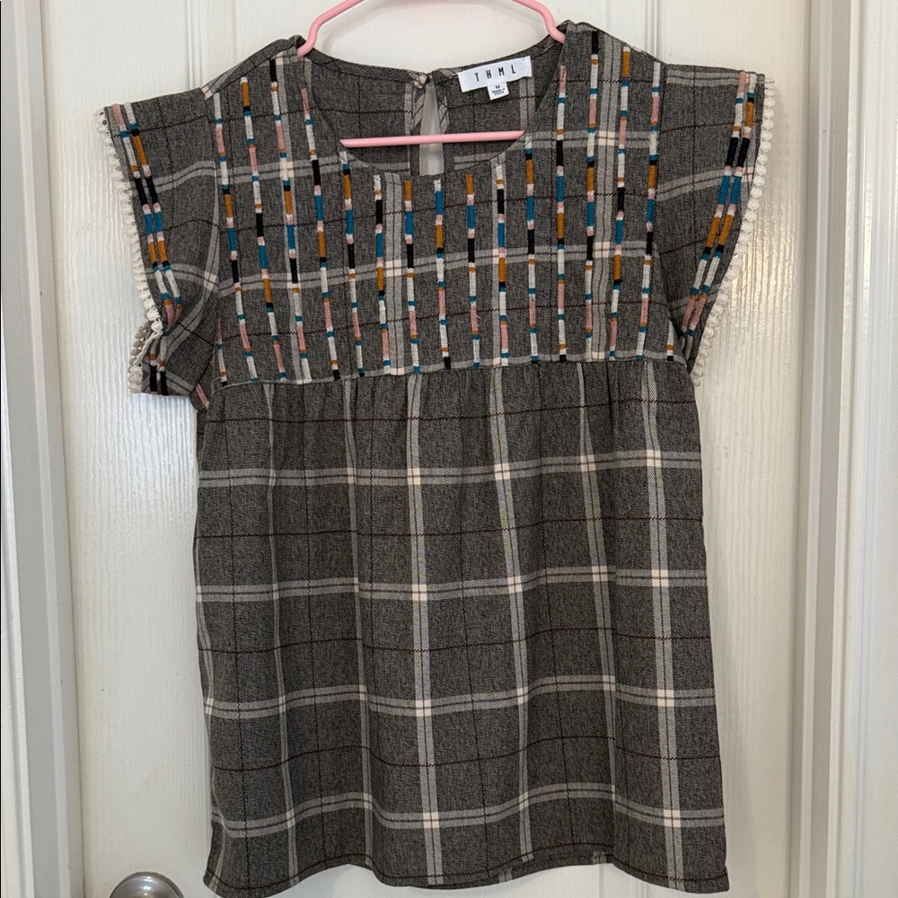 THML Gray Plaid Blouse with Colorful Accents